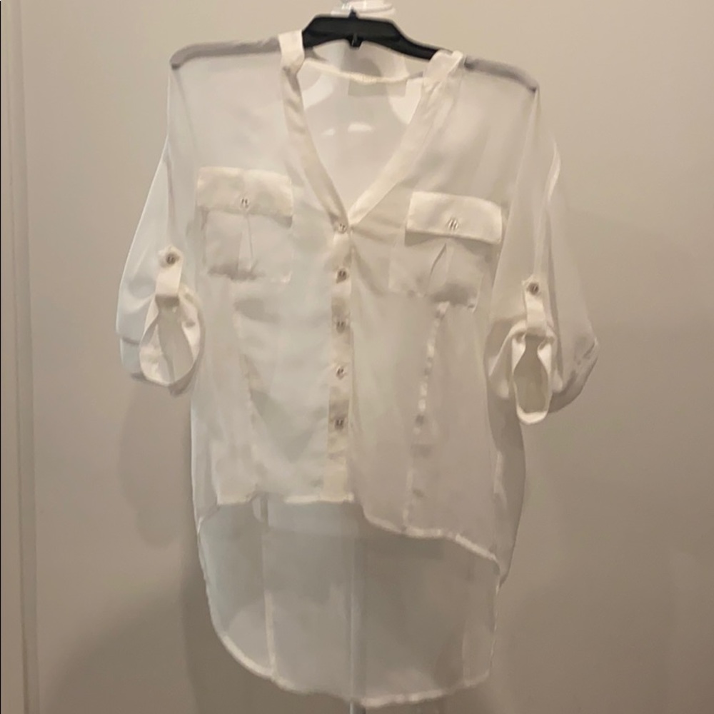 White sheer button up 3/4 sleeve blouse